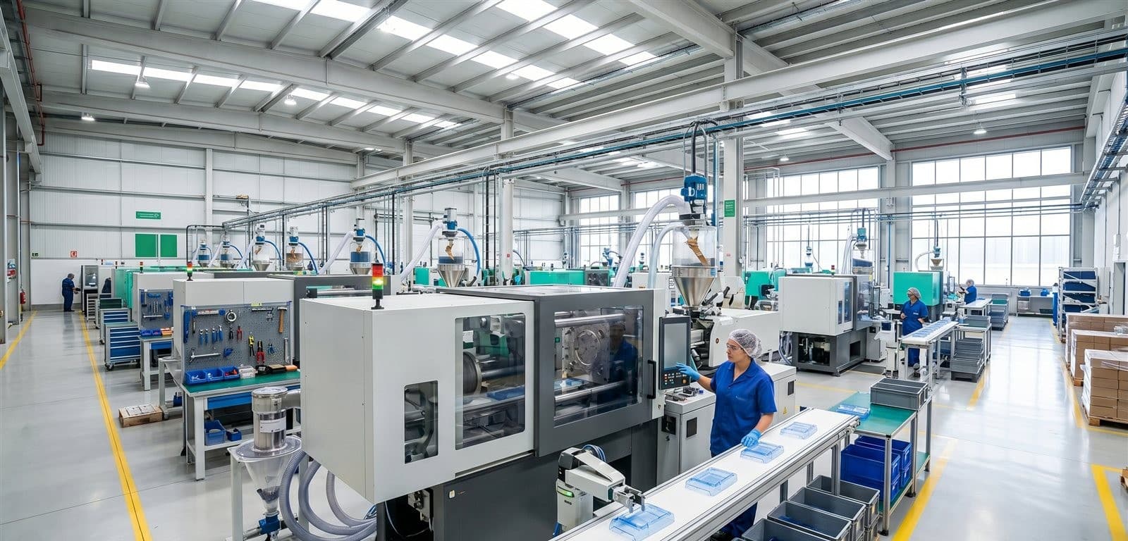 Planta de producción de inyección de plásticos, limpia y ordenada: empresa industrial con flexibilidad eléctrica para participar en el SRAD